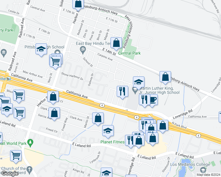map of restaurants, bars, coffee shops, grocery stores, and more near Edward Avenue & Cross Street in Pittsburg