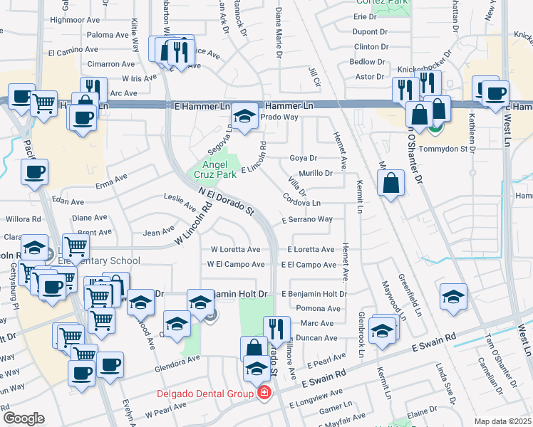 map of restaurants, bars, coffee shops, grocery stores, and more near 6824 North El Dorado Street in Stockton