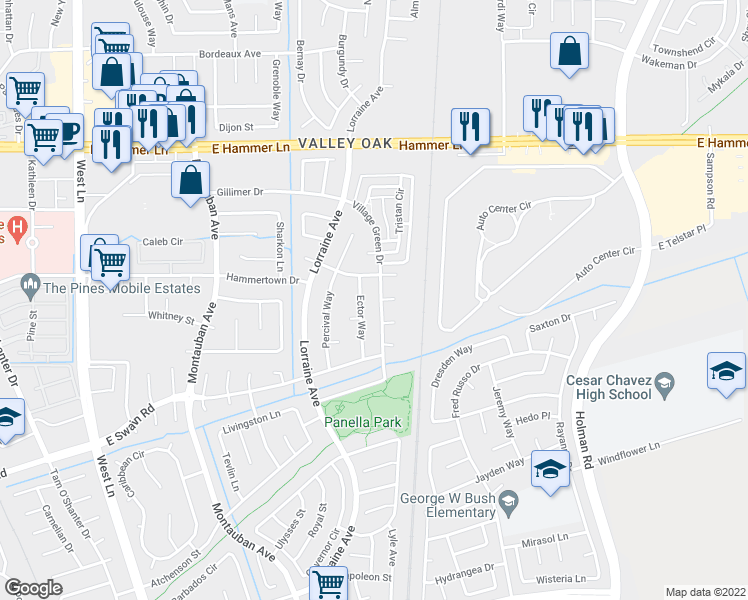 map of restaurants, bars, coffee shops, grocery stores, and more near 6729 Village Green Drive in Stockton