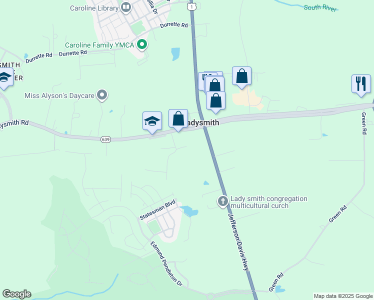 map of restaurants, bars, coffee shops, grocery stores, and more near 18137 Allen Street in Ruther Glen