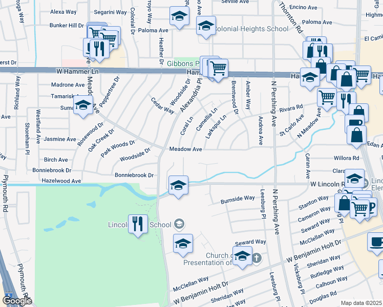 map of restaurants, bars, coffee shops, grocery stores, and more near 1828 Meadow Avenue in Stockton