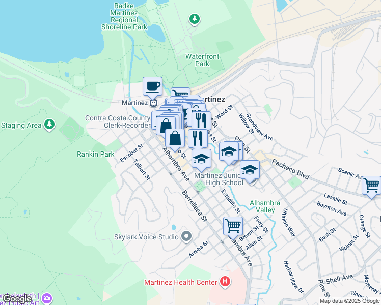 map of restaurants, bars, coffee shops, grocery stores, and more near 645 Green Street in Martinez