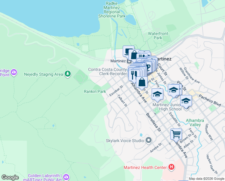 map of restaurants, bars, coffee shops, grocery stores, and more near 221 Escobar Street in Martinez