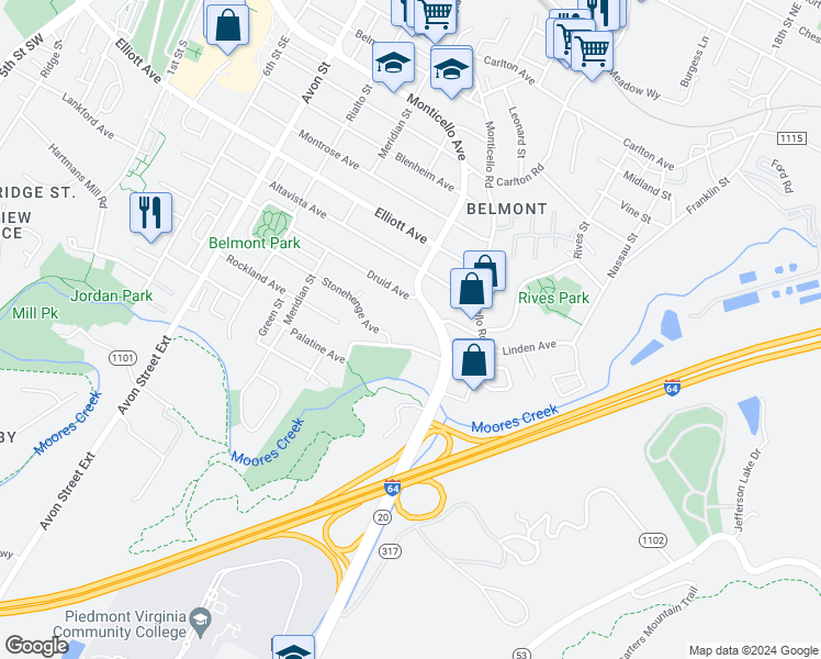 map of restaurants, bars, coffee shops, grocery stores, and more near 1608 Monticello Avenue in Charlottesville