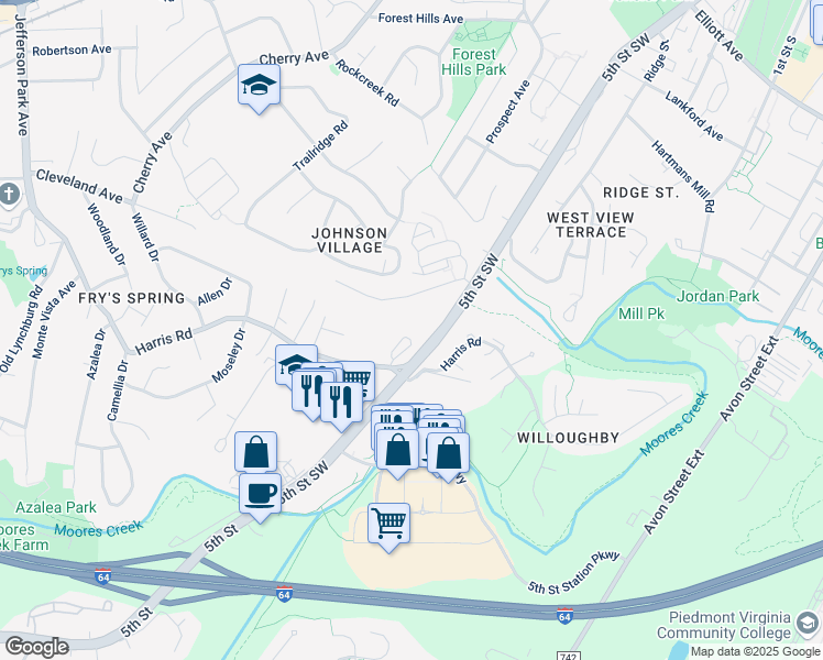 map of restaurants, bars, coffee shops, grocery stores, and more near 135 Old Fifth Circle in Charlottesville