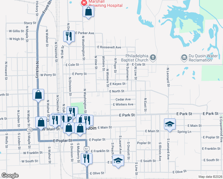 map of restaurants, bars, coffee shops, grocery stores, and more near 410 East North Street in Du Quoin