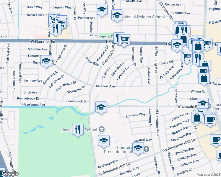 map of restaurants, bars, coffee shops, grocery stores, and more near 1828 Meadow Avenue in Stockton