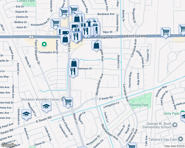 map of restaurants, bars, coffee shops, grocery stores, and more near 6706 Signal Peak Court in Stockton