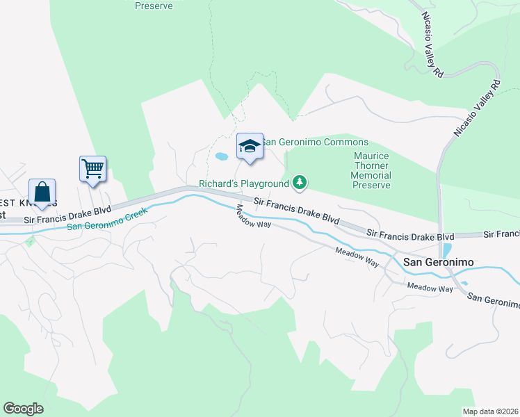 map of restaurants, bars, coffee shops, grocery stores, and more near 6355 Sir Francis Drake Boulevard in San Geronimo