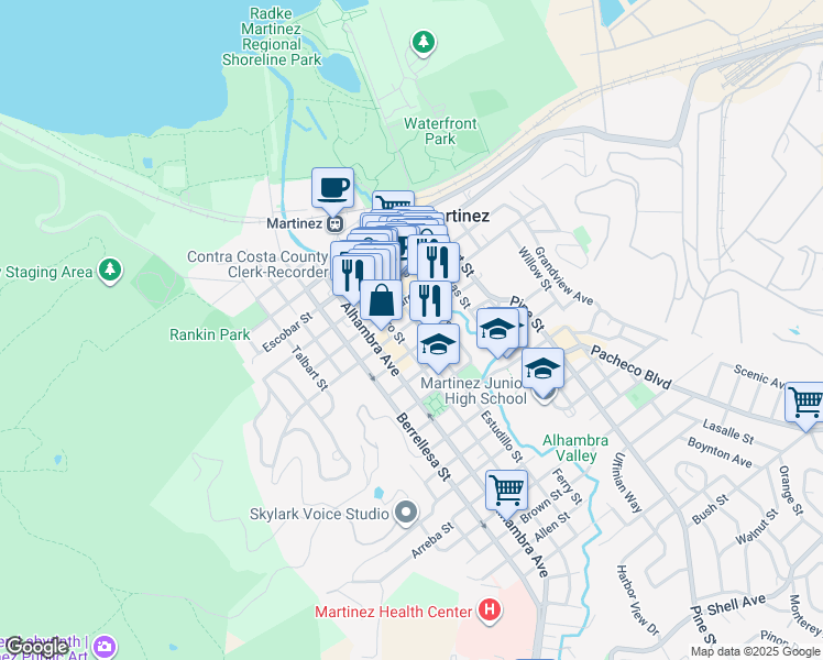map of restaurants, bars, coffee shops, grocery stores, and more near 645 Green Street in Martinez