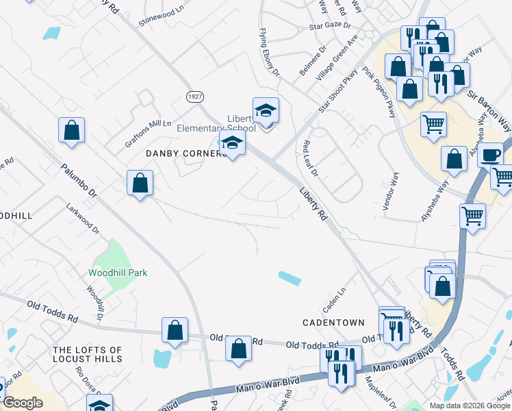 map of restaurants, bars, coffee shops, grocery stores, and more near 728 Rambling Creek Drive in Lexington