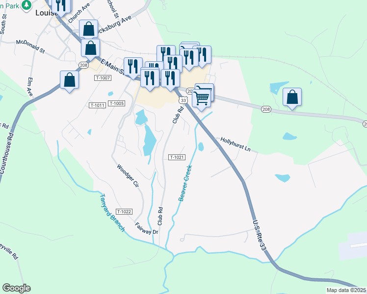 map of restaurants, bars, coffee shops, grocery stores, and more near 207 Barnstormer Circle in Louisa