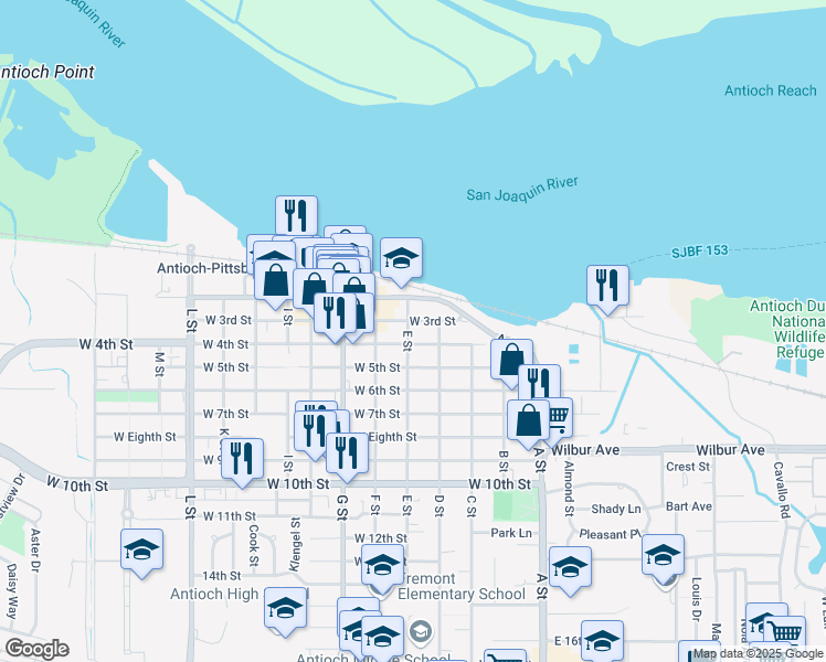 map of restaurants, bars, coffee shops, grocery stores, and more near 301 West 3rd Street in Antioch