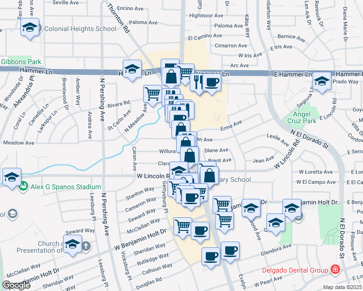 map of restaurants, bars, coffee shops, grocery stores, and more near 7303 Pacific Avenue in Stockton