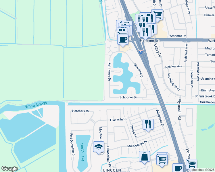 map of restaurants, bars, coffee shops, grocery stores, and more near 7169 Lighthouse Drive in Stockton