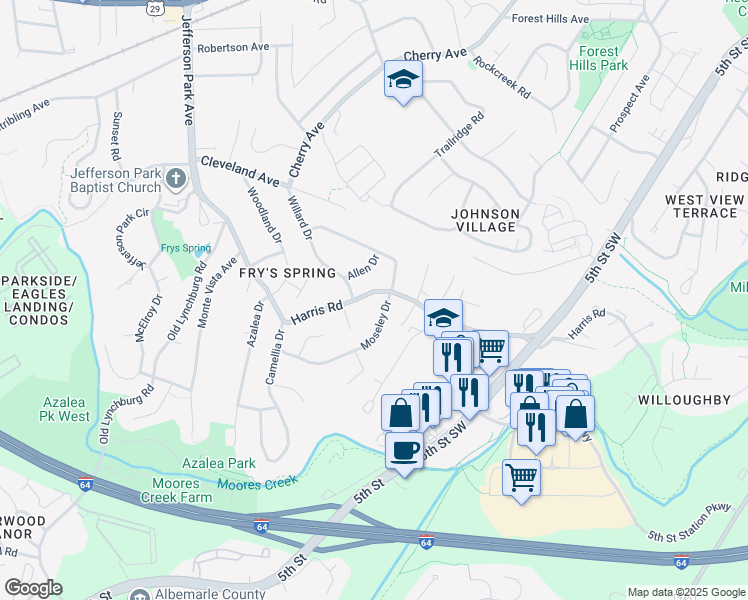 map of restaurants, bars, coffee shops, grocery stores, and more near 208 Harris Rd in Charlottesville