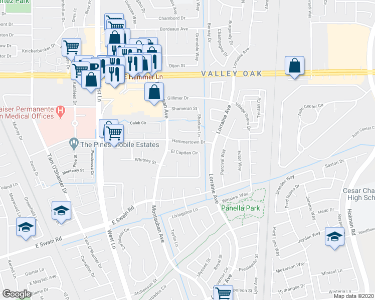 map of restaurants, bars, coffee shops, grocery stores, and more near 6708 El Capitan Circle in Stockton