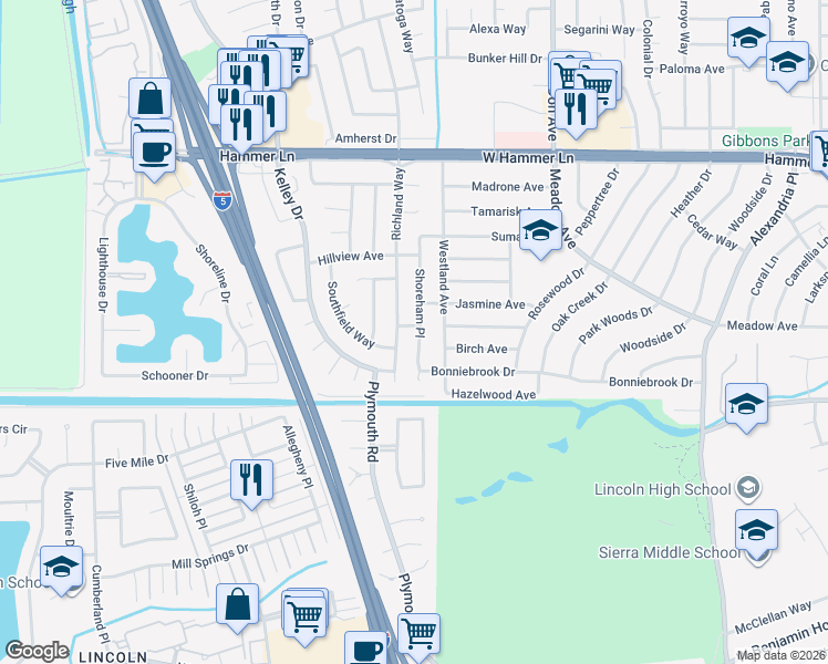 map of restaurants, bars, coffee shops, grocery stores, and more near 7144 Richland Way in Stockton
