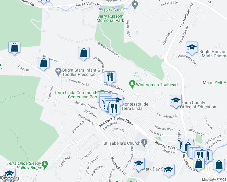 map of restaurants, bars, coffee shops, grocery stores, and more near 648 Woodbine Drive in San Rafael