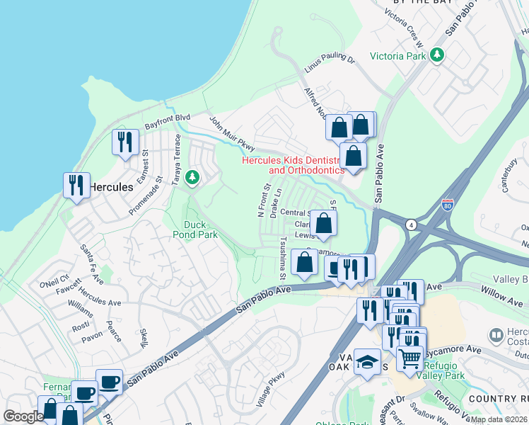 map of restaurants, bars, coffee shops, grocery stores, and more near 3048 North Front Street in Hercules