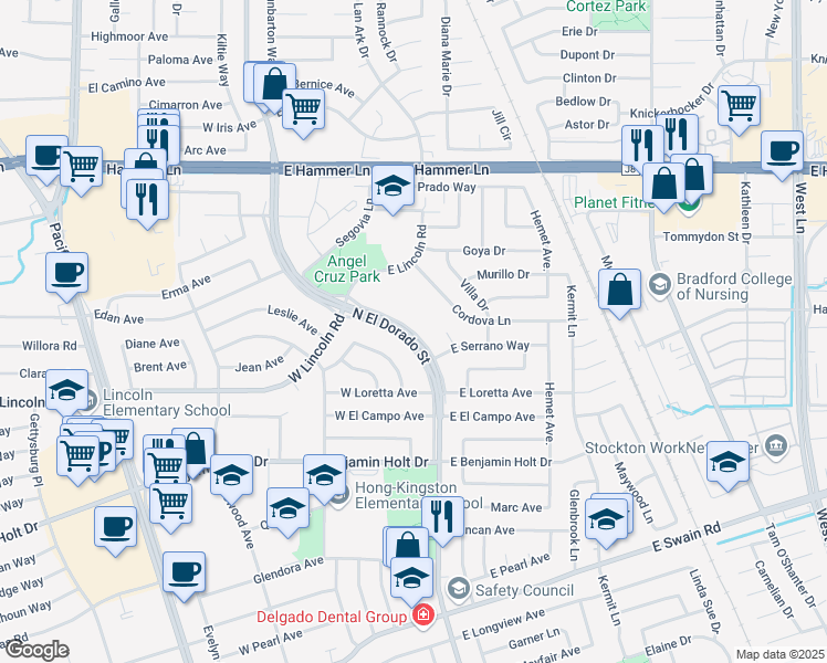 map of restaurants, bars, coffee shops, grocery stores, and more near 6824 North El Dorado Street in Stockton