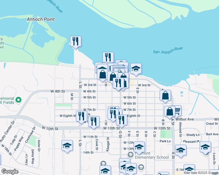 map of restaurants, bars, coffee shops, grocery stores, and more near 305 H Street in Antioch