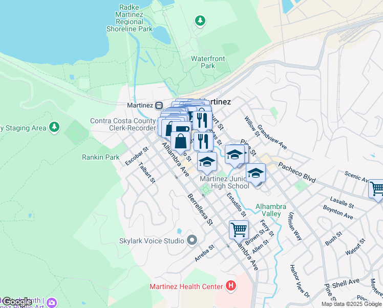 map of restaurants, bars, coffee shops, grocery stores, and more near 645 Green Street in Martinez