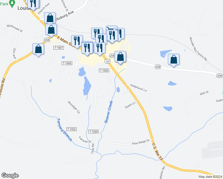 map of restaurants, bars, coffee shops, grocery stores, and more near 207 Barnstormer Circle in Louisa