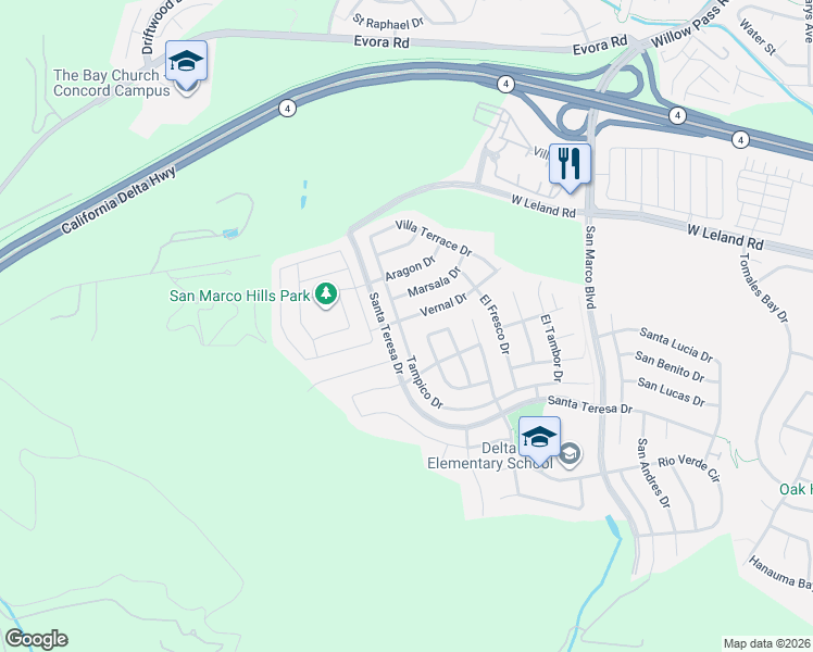 map of restaurants, bars, coffee shops, grocery stores, and more near 2484 Vernal Drive in Bay Point