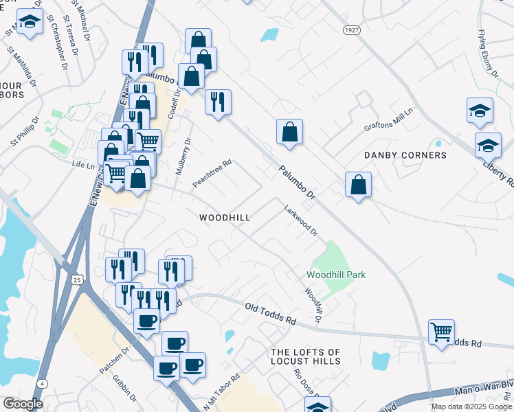 map of restaurants, bars, coffee shops, grocery stores, and more near 333 Larkwood Drive in Lexington