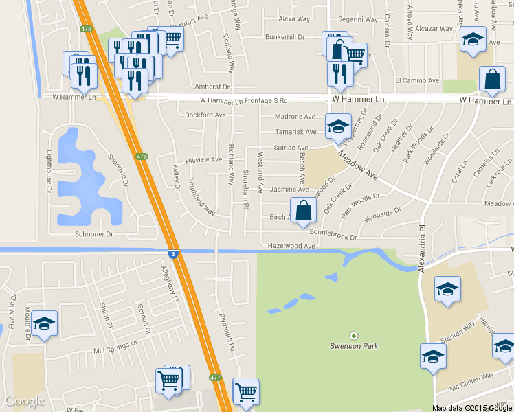 map of restaurants, bars, coffee shops, grocery stores, and more near 7207 Westland Avenue in Stockton