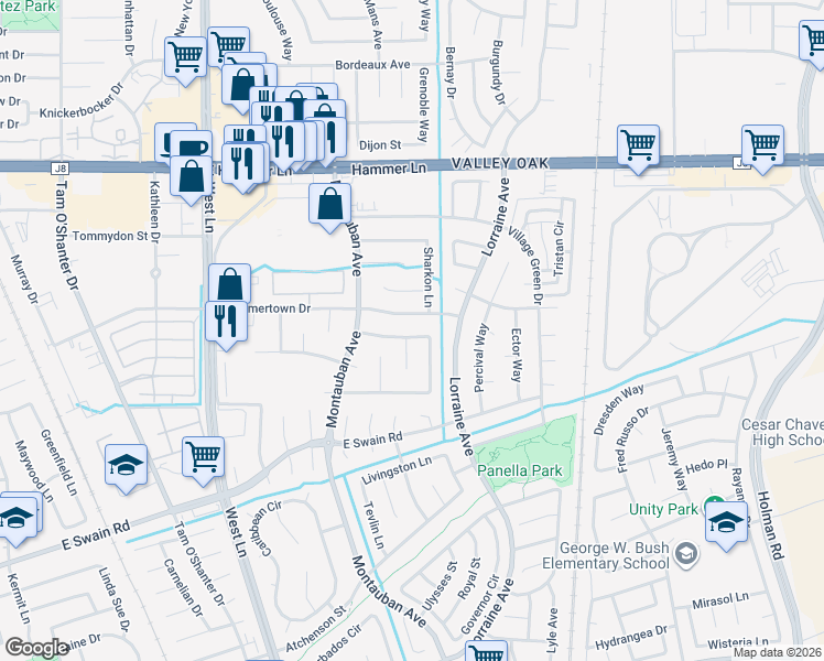 map of restaurants, bars, coffee shops, grocery stores, and more near 6676 El Capitan Circle in Stockton