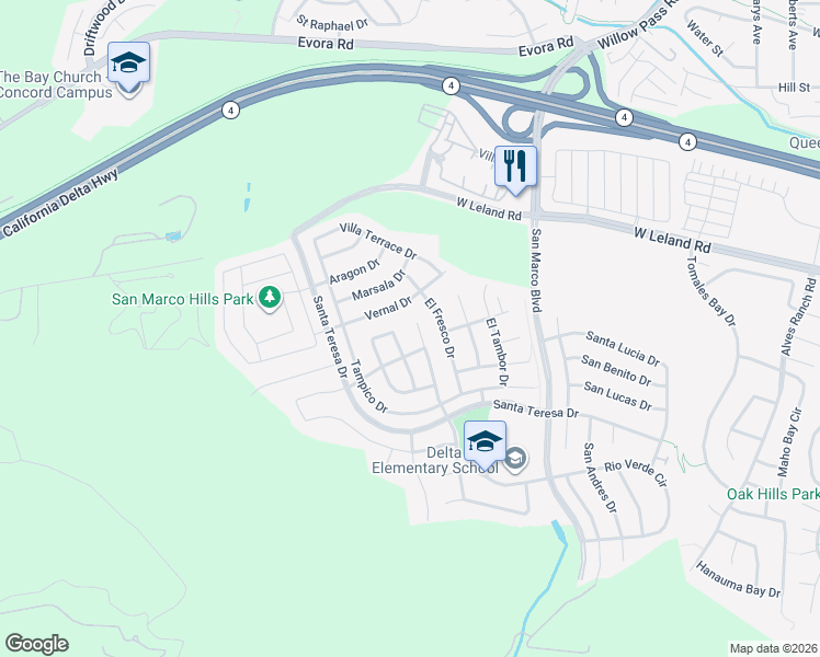 map of restaurants, bars, coffee shops, grocery stores, and more near 138 Rancho Bernado Court in Pittsburg