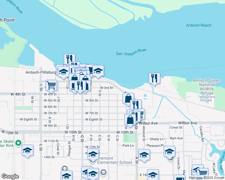 map of restaurants, bars, coffee shops, grocery stores, and more near 215 West 3rd Street in Antioch
