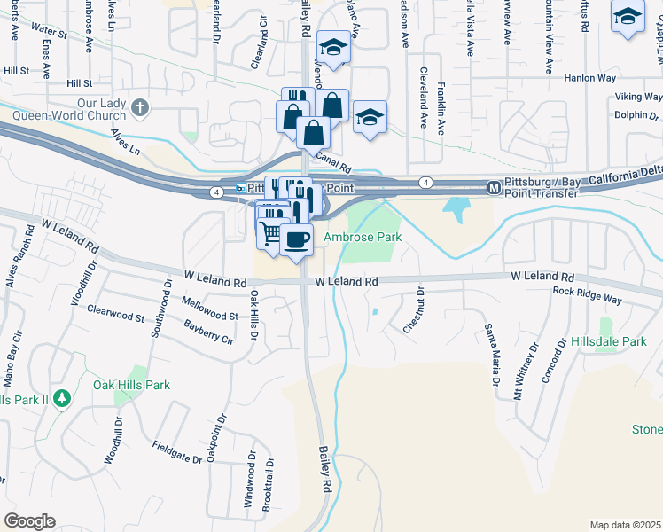 map of restaurants, bars, coffee shops, grocery stores, and more near 671 South Broadway Avenue in Bay Point