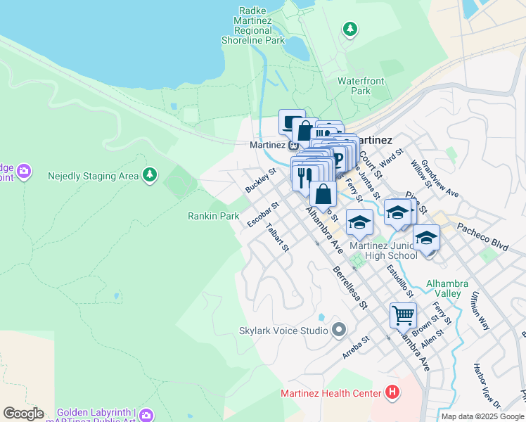 map of restaurants, bars, coffee shops, grocery stores, and more near 535 Talbart Street in Martinez