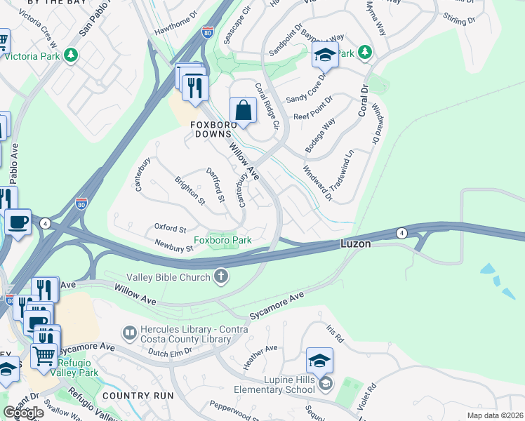 map of restaurants, bars, coffee shops, grocery stores, and more near 1 Davenport in Hercules