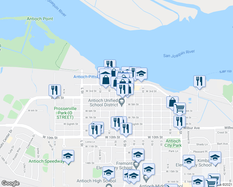 map of restaurants, bars, coffee shops, grocery stores, and more near 305 H Street in Antioch