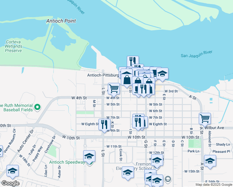 map of restaurants, bars, coffee shops, grocery stores, and more near 913 West 3rd Street in Antioch