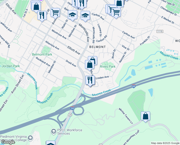 map of restaurants, bars, coffee shops, grocery stores, and more near 1709 Monticello Road in Charlottesville