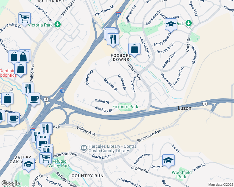 map of restaurants, bars, coffee shops, grocery stores, and more near 151 Brighton Street in Hercules