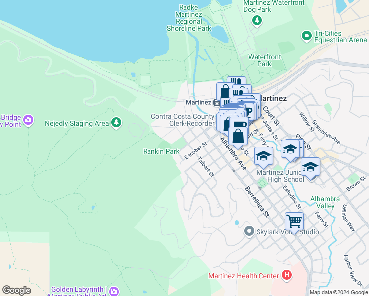 map of restaurants, bars, coffee shops, grocery stores, and more near 126 Marina Vista Avenue in Martinez