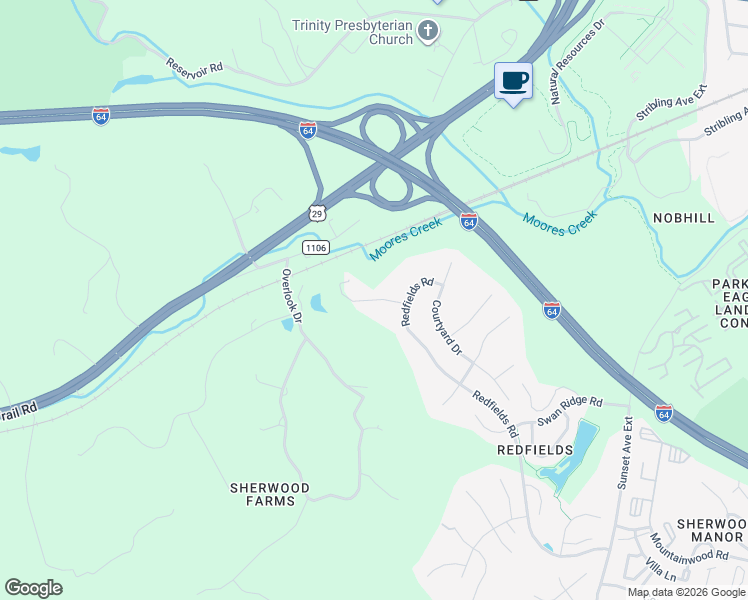 map of restaurants, bars, coffee shops, grocery stores, and more near 1431 Cedarwood Court in Charlottesville