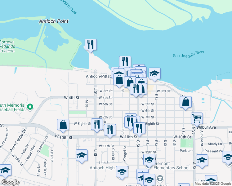 map of restaurants, bars, coffee shops, grocery stores, and more near 819 West 3rd Street in Antioch