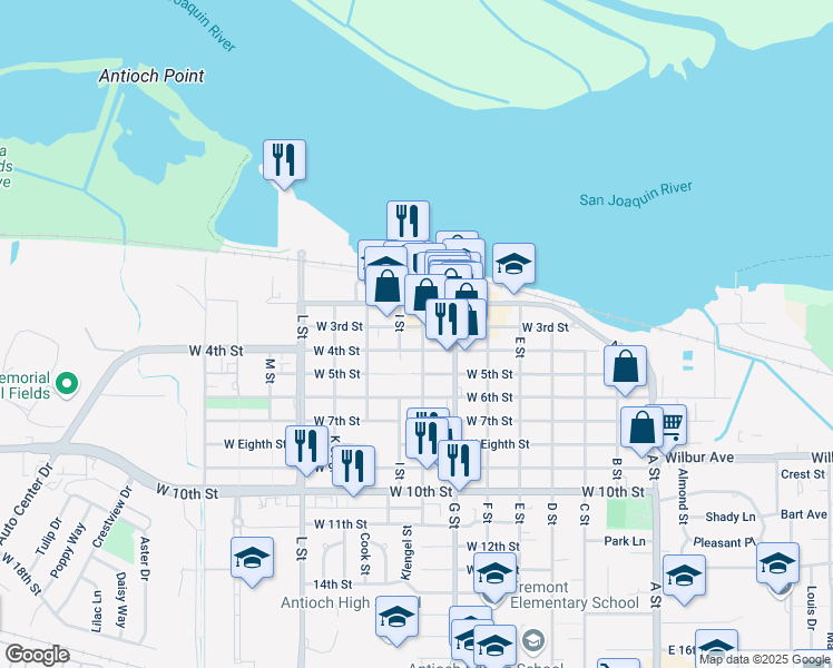 map of restaurants, bars, coffee shops, grocery stores, and more near 305 H Street in Antioch