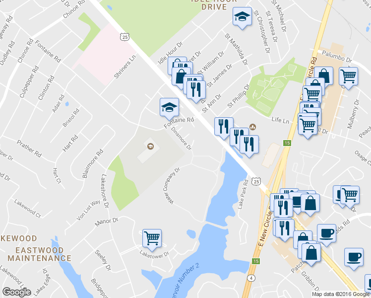map of restaurants, bars, coffee shops, grocery stores, and more near 2248 Dinsmore Drive in Lexington
