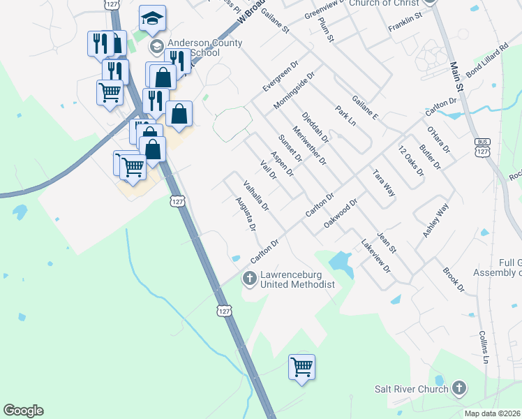map of restaurants, bars, coffee shops, grocery stores, and more near 1025 Valhalla Drive in Lawrenceburg