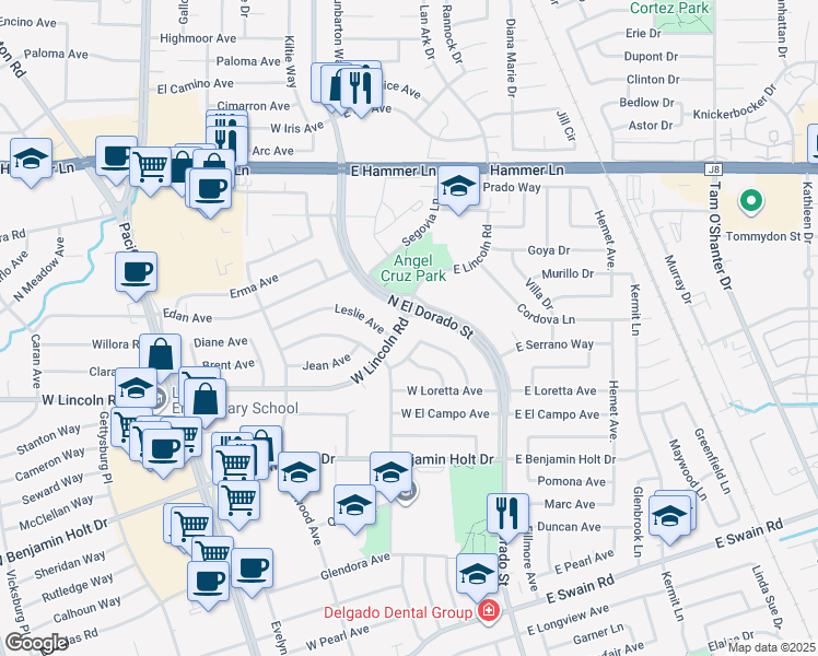 map of restaurants, bars, coffee shops, grocery stores, and more near 108 West Lincoln Road in Stockton