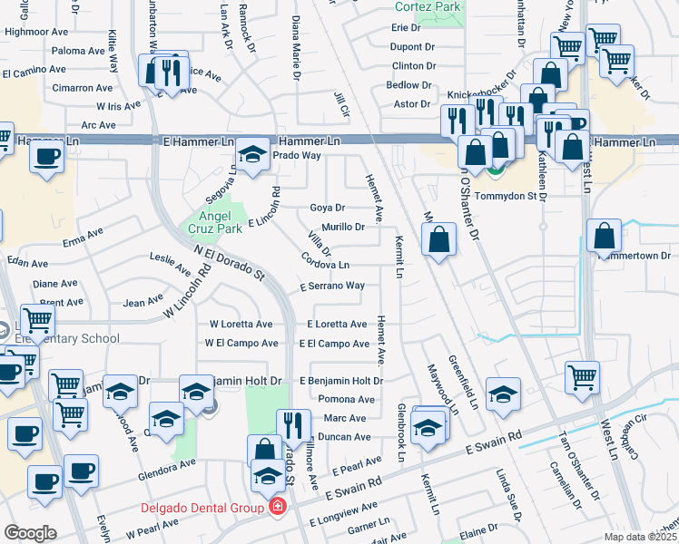 map of restaurants, bars, coffee shops, grocery stores, and more near 310 Cordova Lane in Stockton