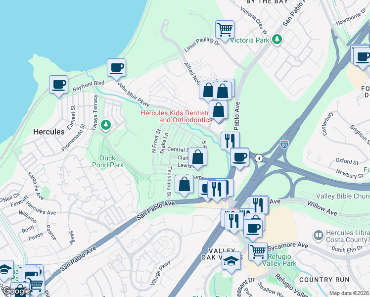 map of restaurants, bars, coffee shops, grocery stores, and more near 2003 De Anza Lane in Hercules
